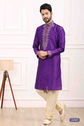 Men's Art Banarasi Silk Thread Work Kurta Pajama In Purple Colour