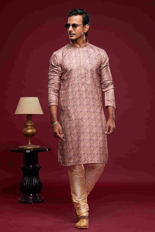 Men's Art Silk Digital Print Pintux Work Kurta Pajama In Light Pink Colour