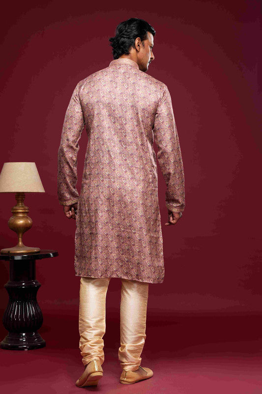 Men's Art Silk Digital Print Pintux Work Kurta Pajama In Light Pink Colour