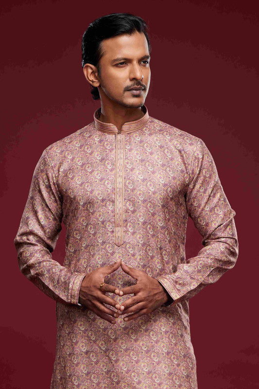 Men's Art Silk Digital Print Pintux Work Kurta Pajama In Light Pink Colour