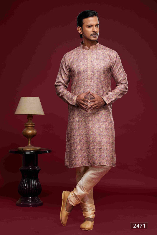Men's Art Silk Digital Print Pintux Work Kurta Pajama In Light Pink Colour