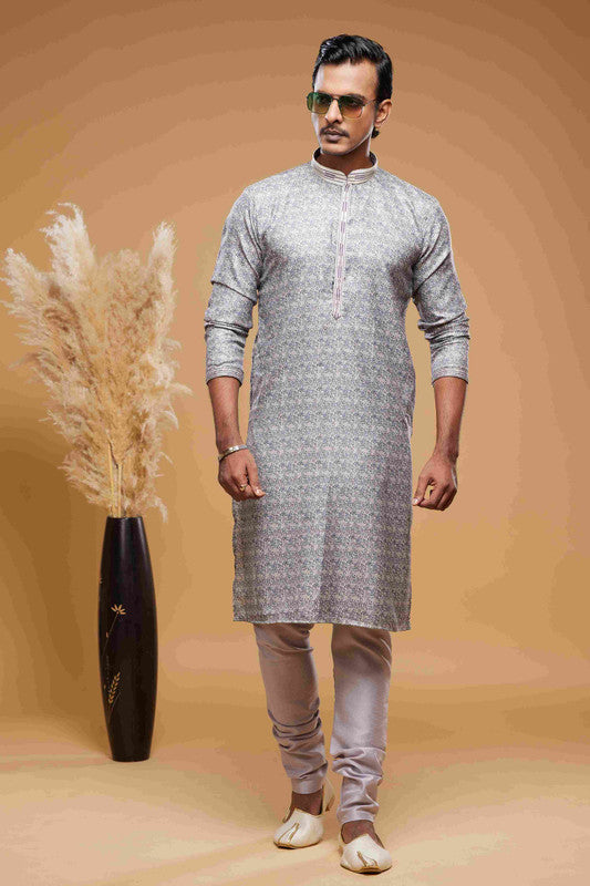 Men's Art Silk Digital Print Pintux Work Kurta Pajama In Purple Grey Colour