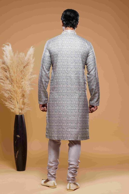 Men's Art Silk Digital Print Pintux Work Kurta Pajama In Purple Grey Colour