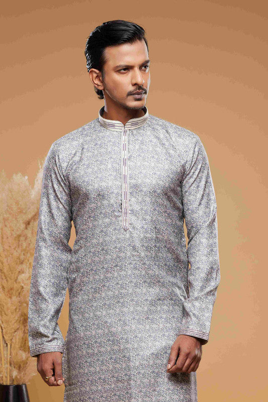 Men's Art Silk Digital Print Pintux Work Kurta Pajama In Purple Grey Colour