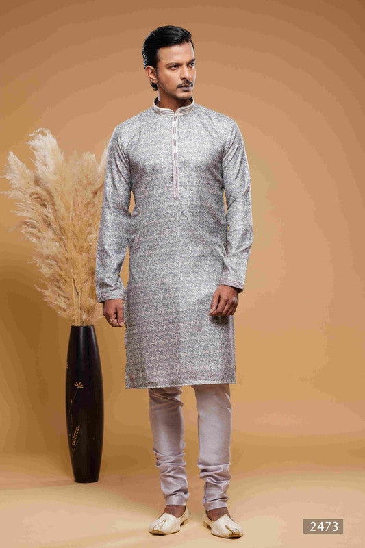 Men's Art Silk Digital Print Pintux Work Kurta Pajama In Purple Grey Colour