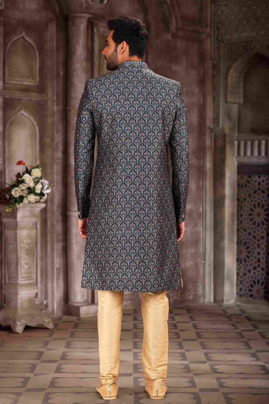 Men's Art Silk Digital Print Sherwani In Green Colour