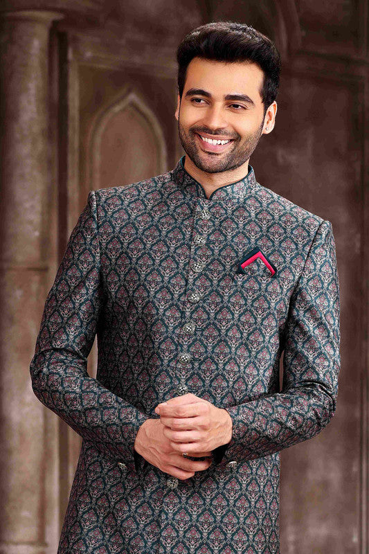 Men's Art Silk Digital Print Sherwani In Green Colour