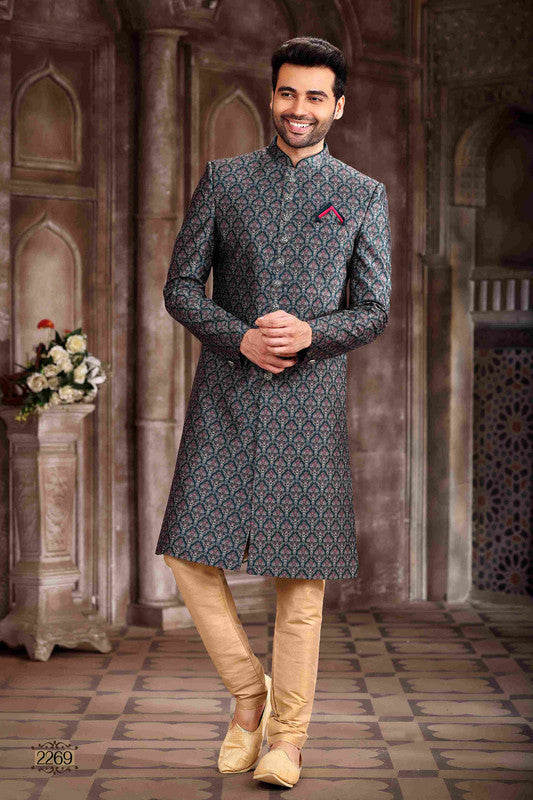 Men's Art Silk Digital Print Sherwani In Green Colour