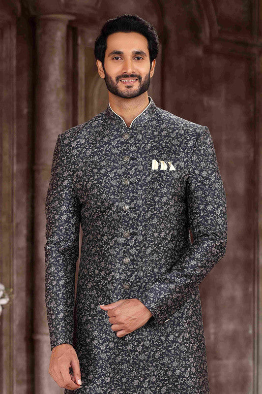 Men's Art Silk Digital Print Sherwani In Grey Black Colour