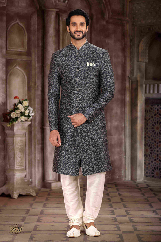 Men's Art Silk Digital Print Sherwani In Grey Black Colour