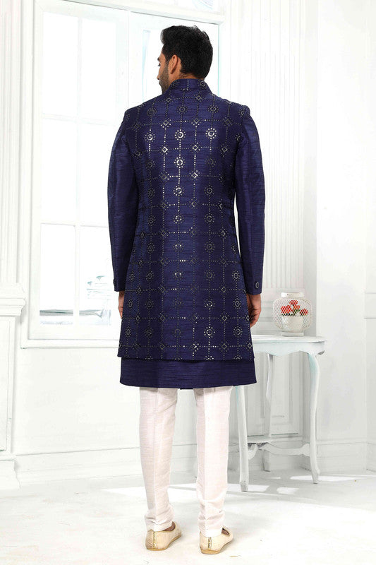 Men's Art Silk Embroidery Work 3 Pcs Indo Jacket Set In Blue Colour