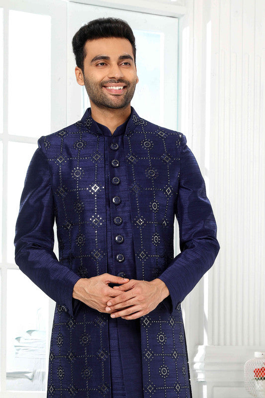 Men's Art Silk Embroidery Work 3 Pcs Indo Jacket Set In Blue Colour