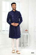 Men's Art Silk Embroidery Work 3 Pcs Indo Jacket Set In Blue Colour