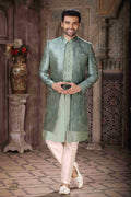 Men's Art Silk Embroidery Work 3 Pcs Indo Jacket Set In Green Colour