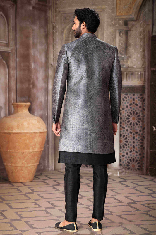 Men's Art Silk Embroidery Work 3 Pcs Indo Jacket Set In Grey Black Colour