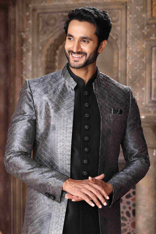 Men's Art Silk Embroidery Work 3 Pcs Indo Jacket Set In Grey Black Colour