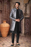 Men's Art Silk Embroidery Work 3 Pcs Indo Jacket Set In Grey Black Colour