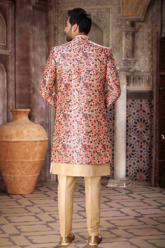 Men's Art Silk Embroidery Work 3 Pcs Indo Jacket Set In Maroon And Beige Colour