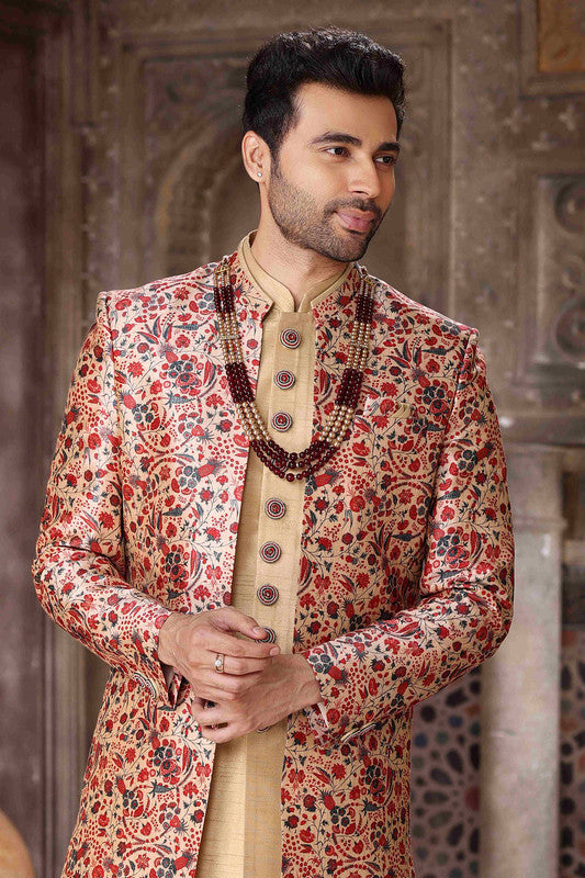 Men's Art Silk Embroidery Work 3 Pcs Indo Jacket Set In Maroon And Beige Colour