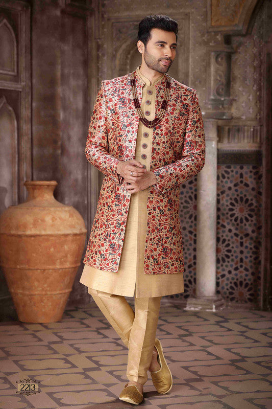 Men's Art Silk Embroidery Work 3 Pcs Indo Jacket Set In Maroon And Beige Colour