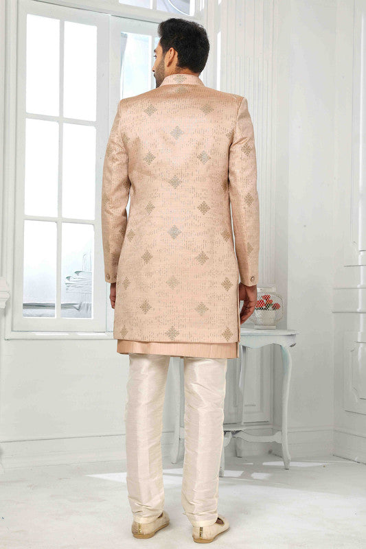 Men's Art Silk Embroidery Work 3 Pcs Indo Jacket Set In Onion Pink Colour