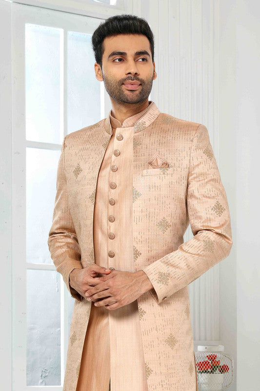 Men's Art Silk Embroidery Work 3 Pcs Indo Jacket Set In Onion Pink Colour