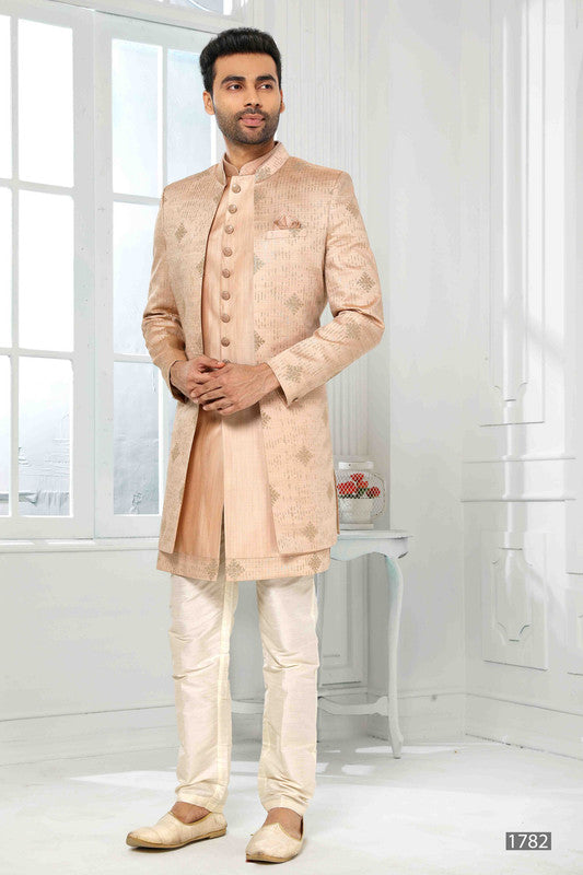 Men's Art Silk Embroidery Work 3 Pcs Indo Jacket Set In Onion Pink Colour