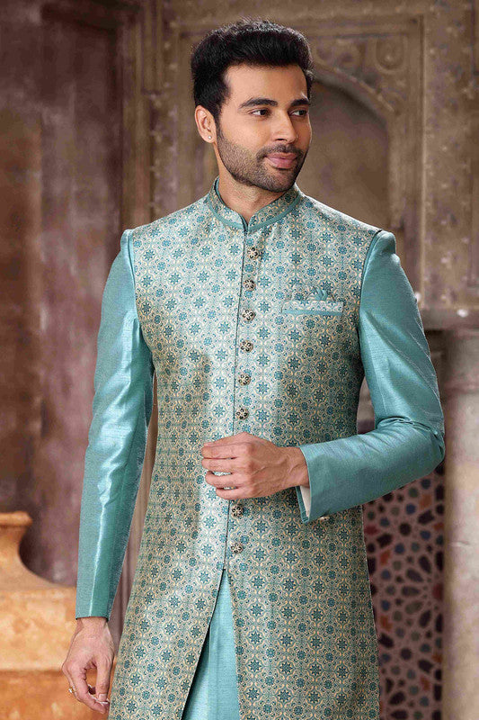 Men's Art Silk Embroidery Work 3 Pcs Indo Jacket Set In Sky Blue Colour