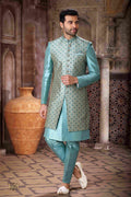 Men's Art Silk Embroidery Work 3 Pcs Indo Jacket Set In Sky Blue Colour