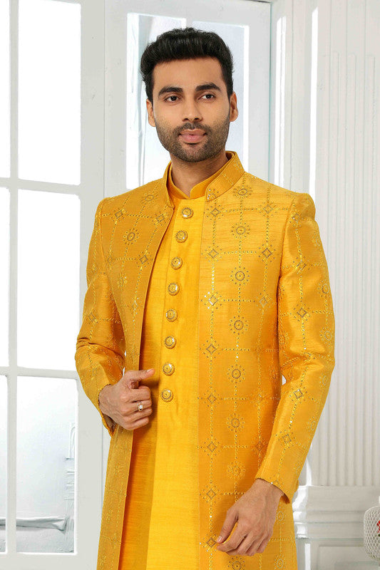 Men's Art Silk Embroidery Work 3 Pcs Indo Jacket Set In Yellow Colour