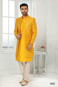 Men's Art Silk Embroidery Work 3 Pcs Indo Jacket Set In Yellow Colour