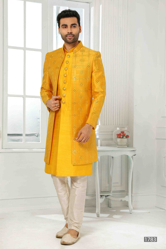 Men's Art Silk Embroidery Work 3 Pcs Indo Jacket Set In Yellow Colour