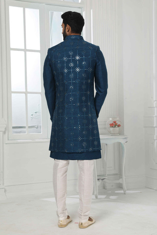 Men's Art Silk Embroidery Work Indo Jacket Set In Teal Colour