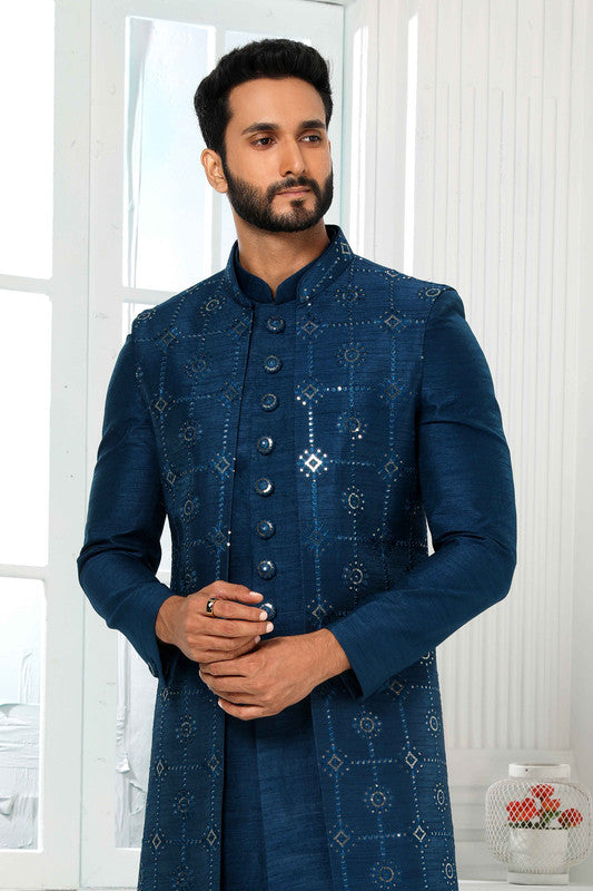 Men's Art Silk Embroidery Work Indo Jacket Set In Teal Colour
