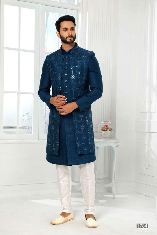 Men's Art Silk Embroidery Work Indo Jacket Set In Teal Colour