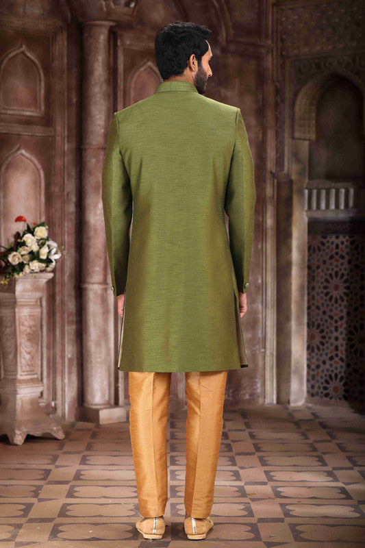 Men's Art Silk Embroidery Work Sherwani In Green Colour