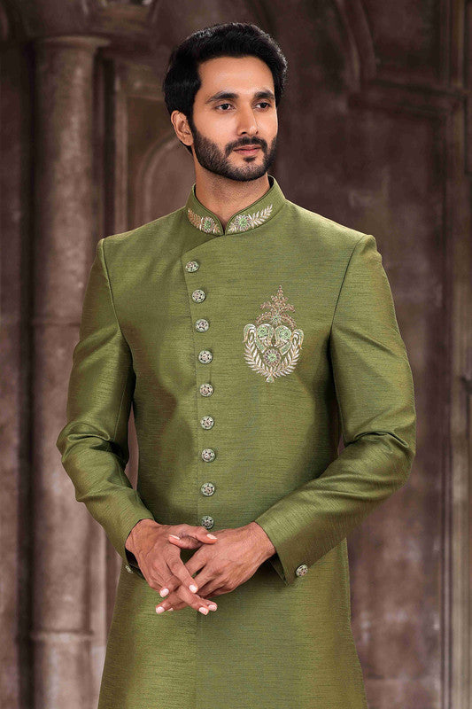 Men's Art Silk Embroidery Work Sherwani In Green Colour