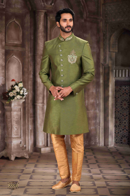 Men's Art Silk Embroidery Work Sherwani In Green Colour