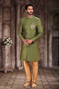 Men's Art Silk Embroidery Work Sherwani In Green Colour