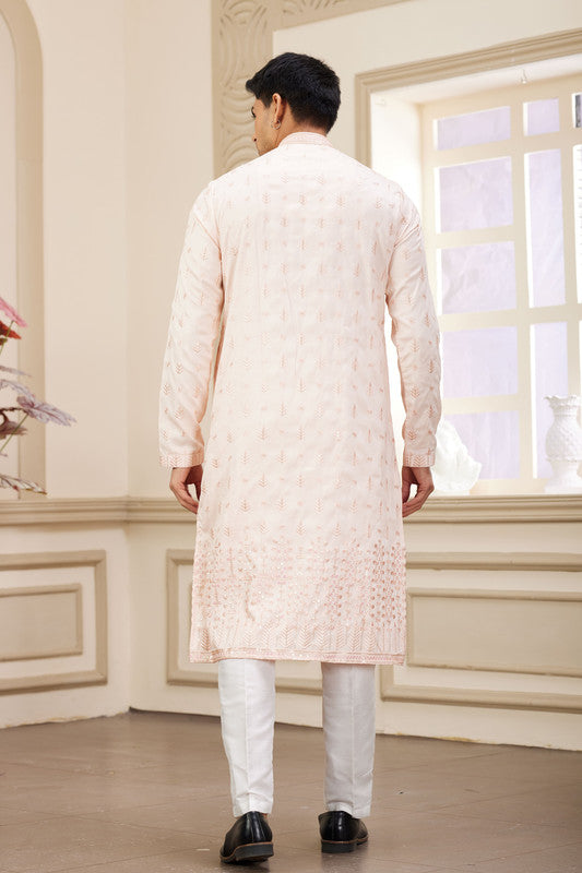 Men's Art Silk Thread Work Kurta Pajama In Light Pink Colour