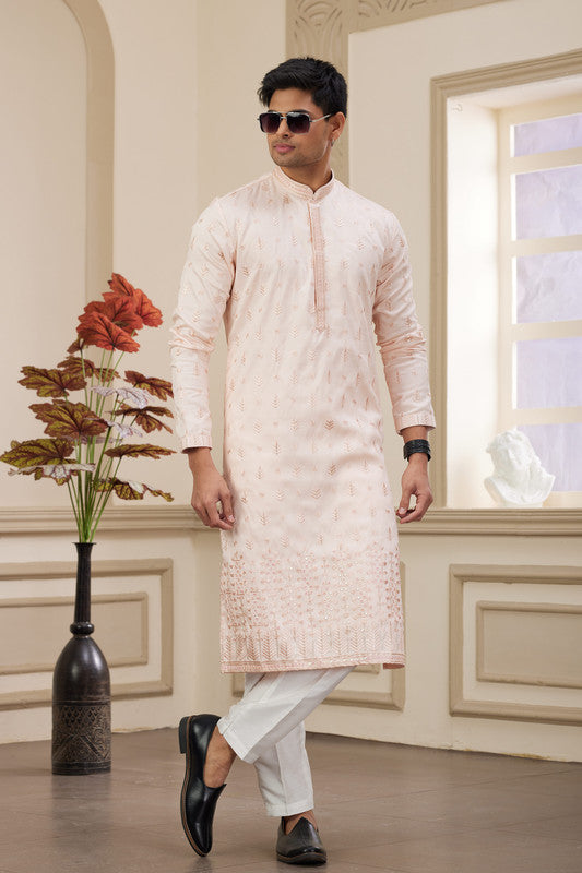 Men's Art Silk Thread Work Kurta Pajama In Light Pink Colour