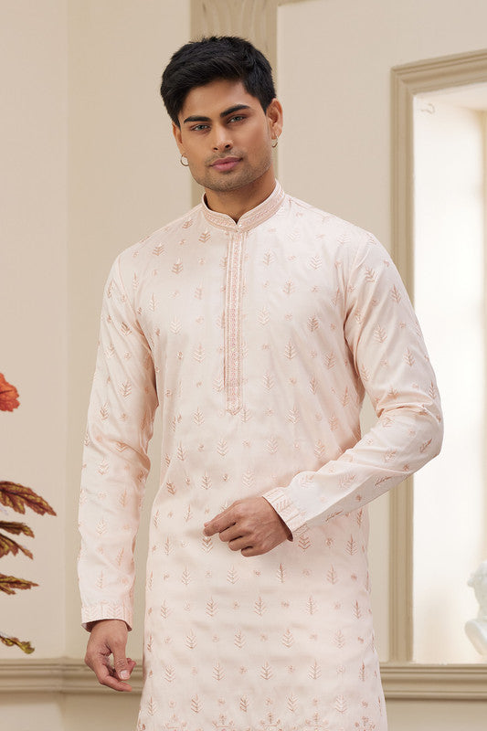 Men's Art Silk Thread Work Kurta Pajama In Light Pink Colour