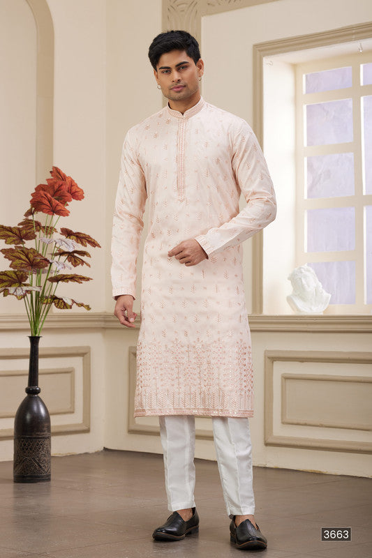 Men's Art Silk Thread Work Kurta Pajama In Light Pink Colour