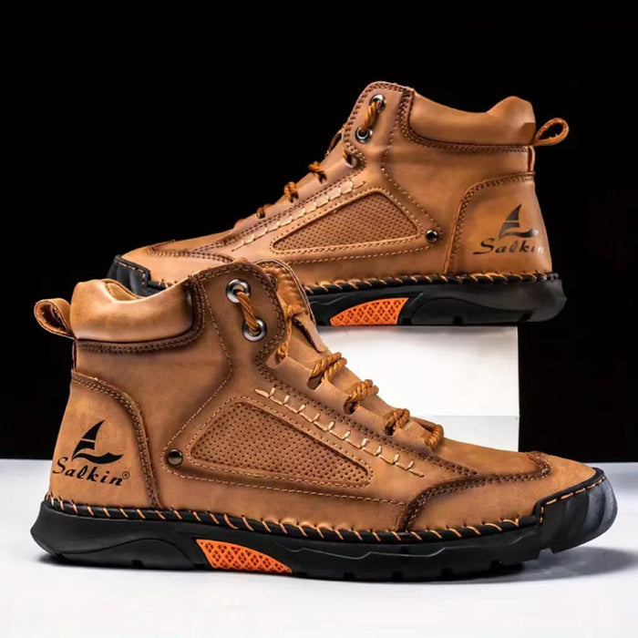 Men's Atelier Chukka Boot - Extended Fit PU Leather - Hand-Stitched Ankle Boots with Flat Sole & Lace-Up