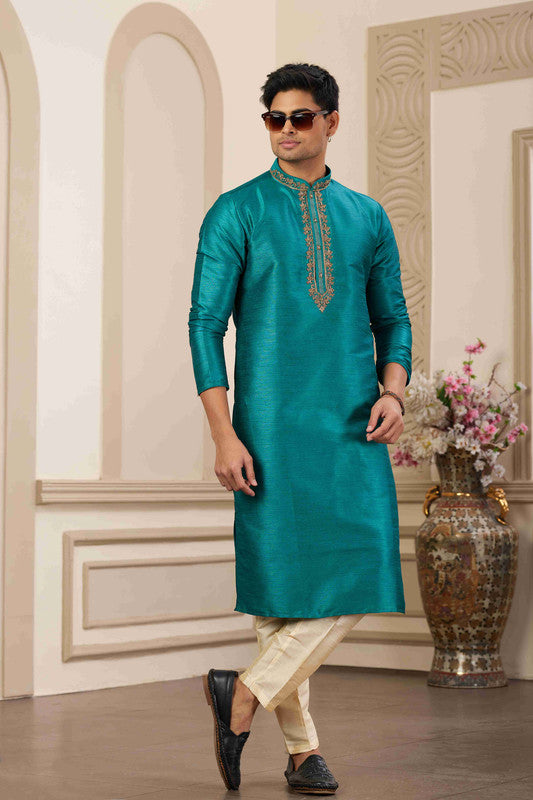 Men's Banarasi Art Silk Hand Work Kurta Pajama In Teal Green Colour