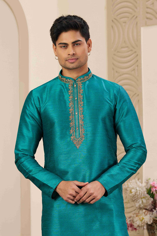 Men's Banarasi Art Silk Hand Work Kurta Pajama In Teal Green Colour