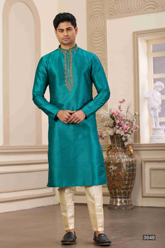 Men's Banarasi Art Silk Hand Work Kurta Pajama In Teal Green Colour