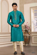 Men's Banarasi Art Silk Hand Work Kurta Pajama In Teal Green Colour