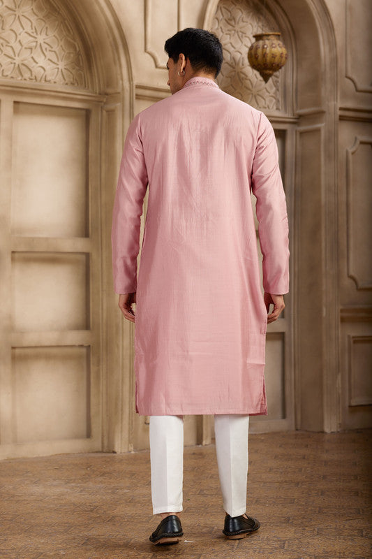 Men's Banarasi Art Silk Mirror Work Kurta Pajama In Dark Pink Colour