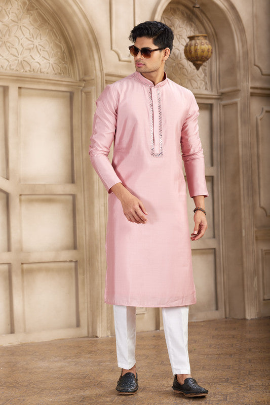 Men's Banarasi Art Silk Mirror Work Kurta Pajama In Dark Pink Colour